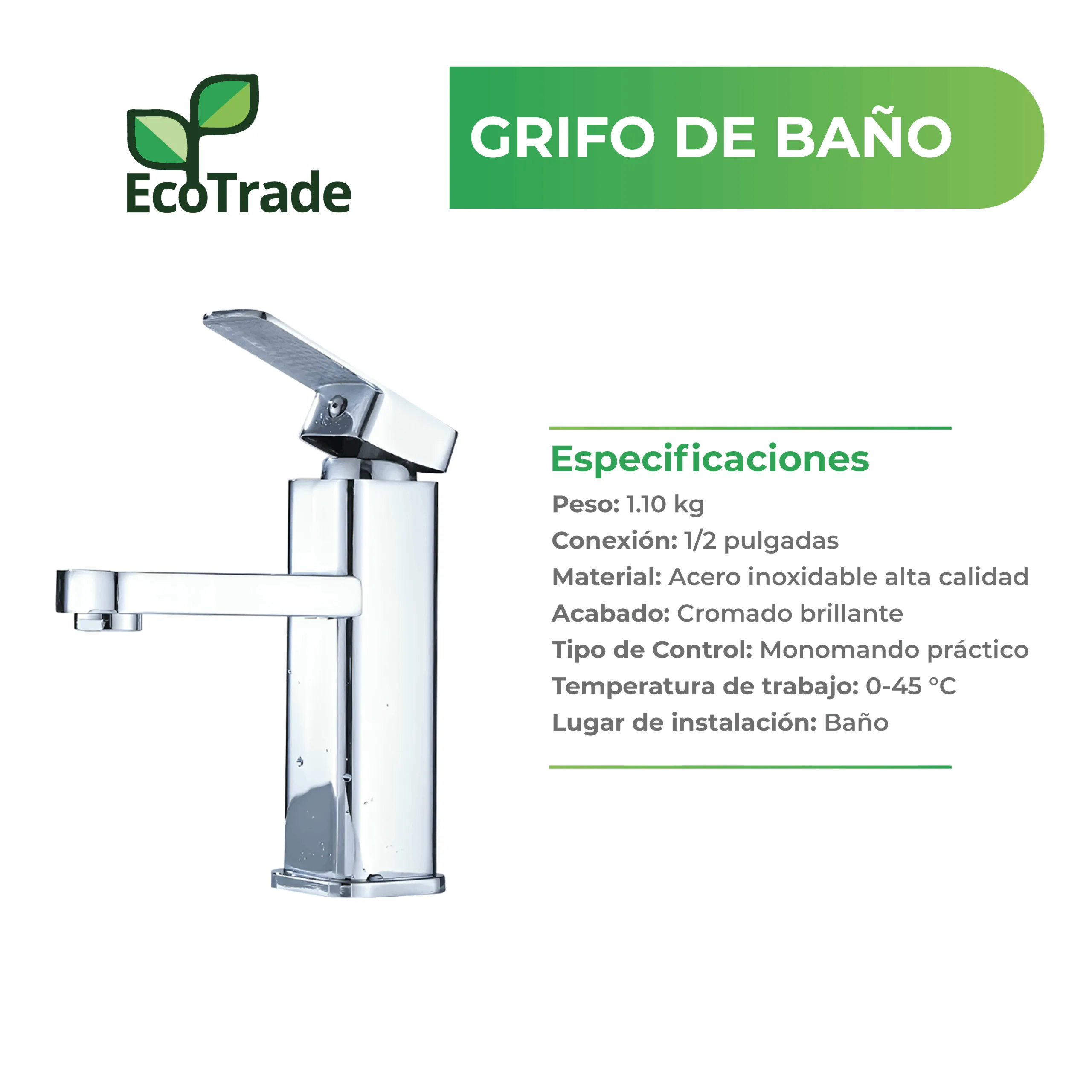 Grifería Baño Acero Inoxidable Cromado Control Monomando - Imagen 2