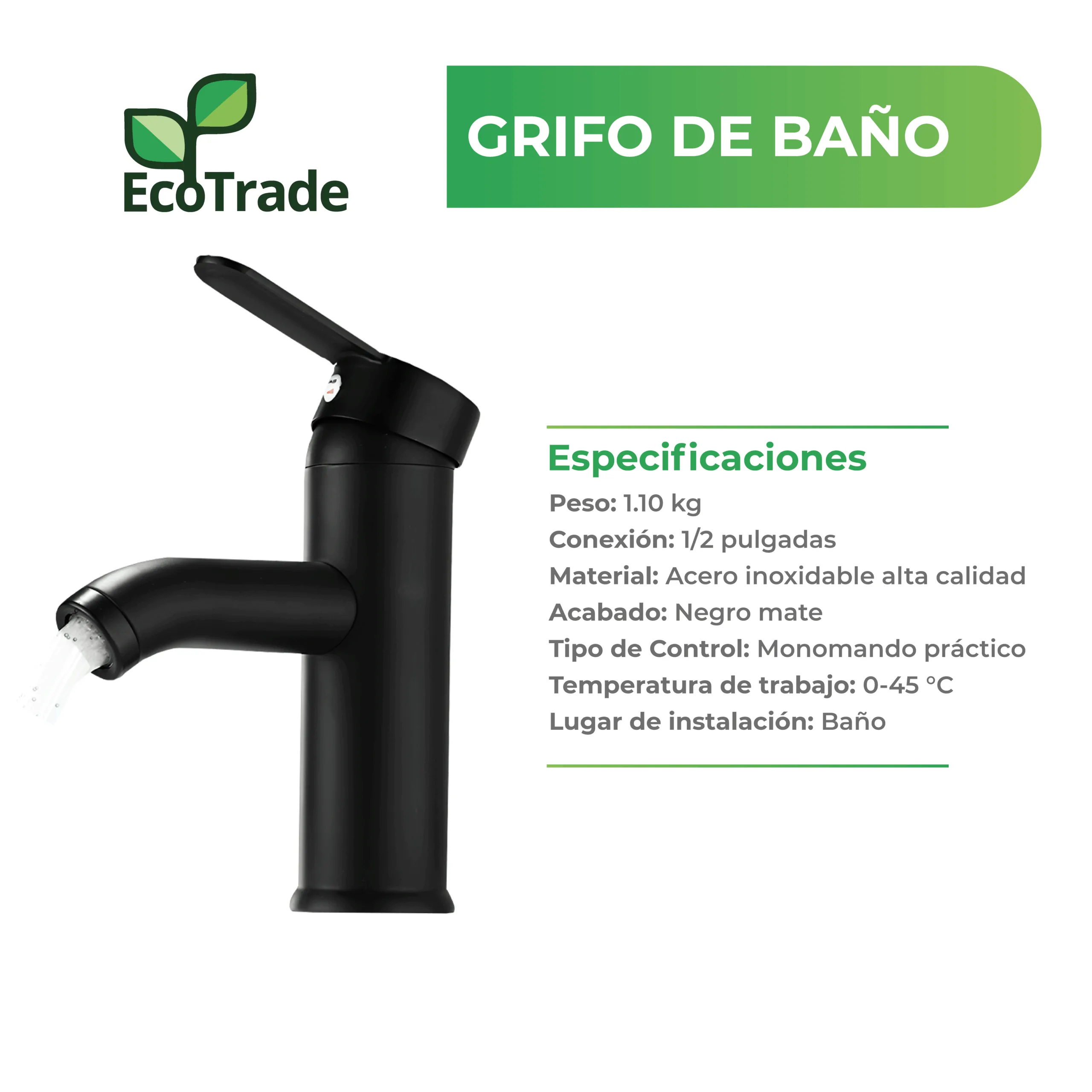 Grifería Baño Acero Inoxidable Negro Mate Monomando Redondo - Imagen 2