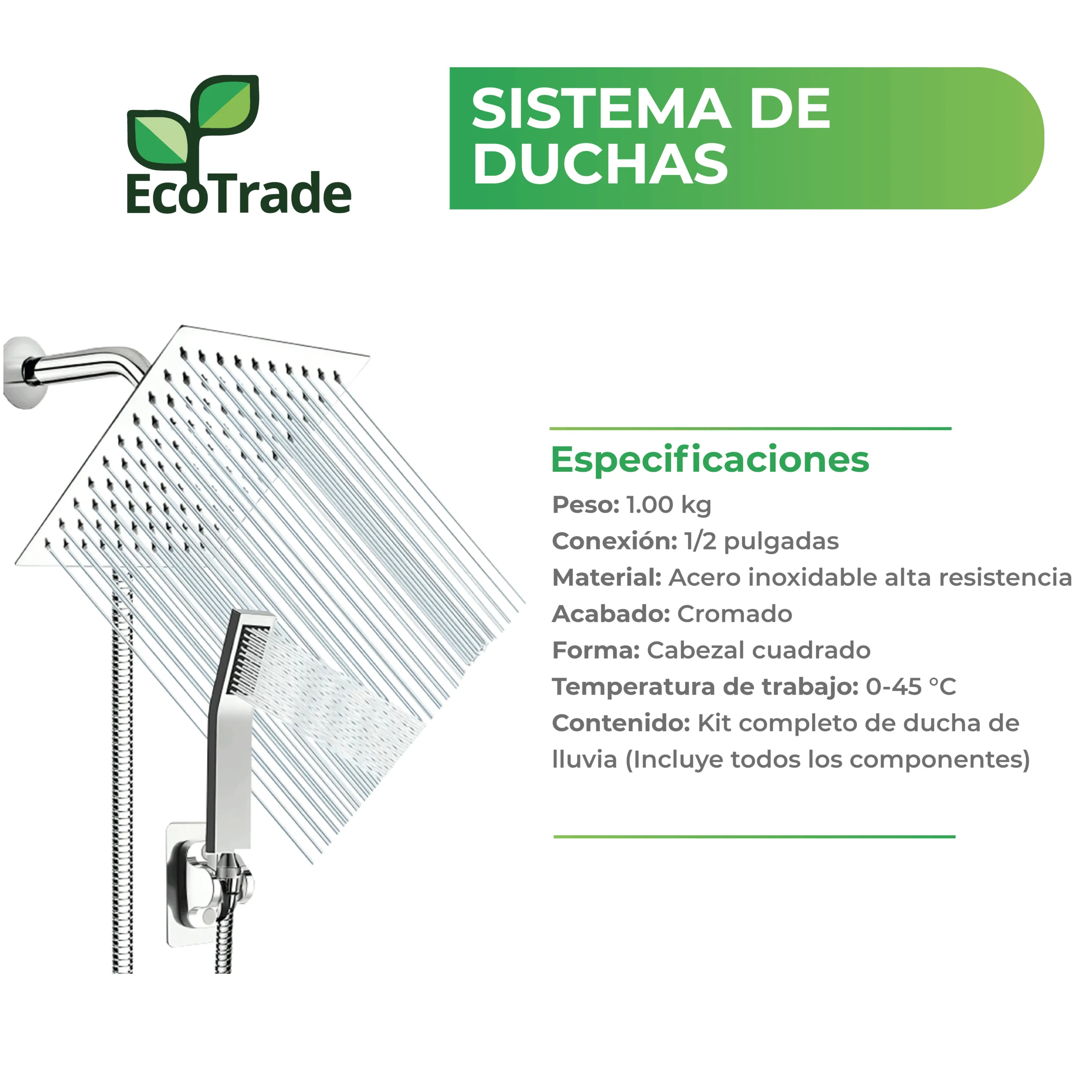 Kit Ducha Lluvia Cuadrado en Acero Inoxidable Ecotrade - Imagen 2