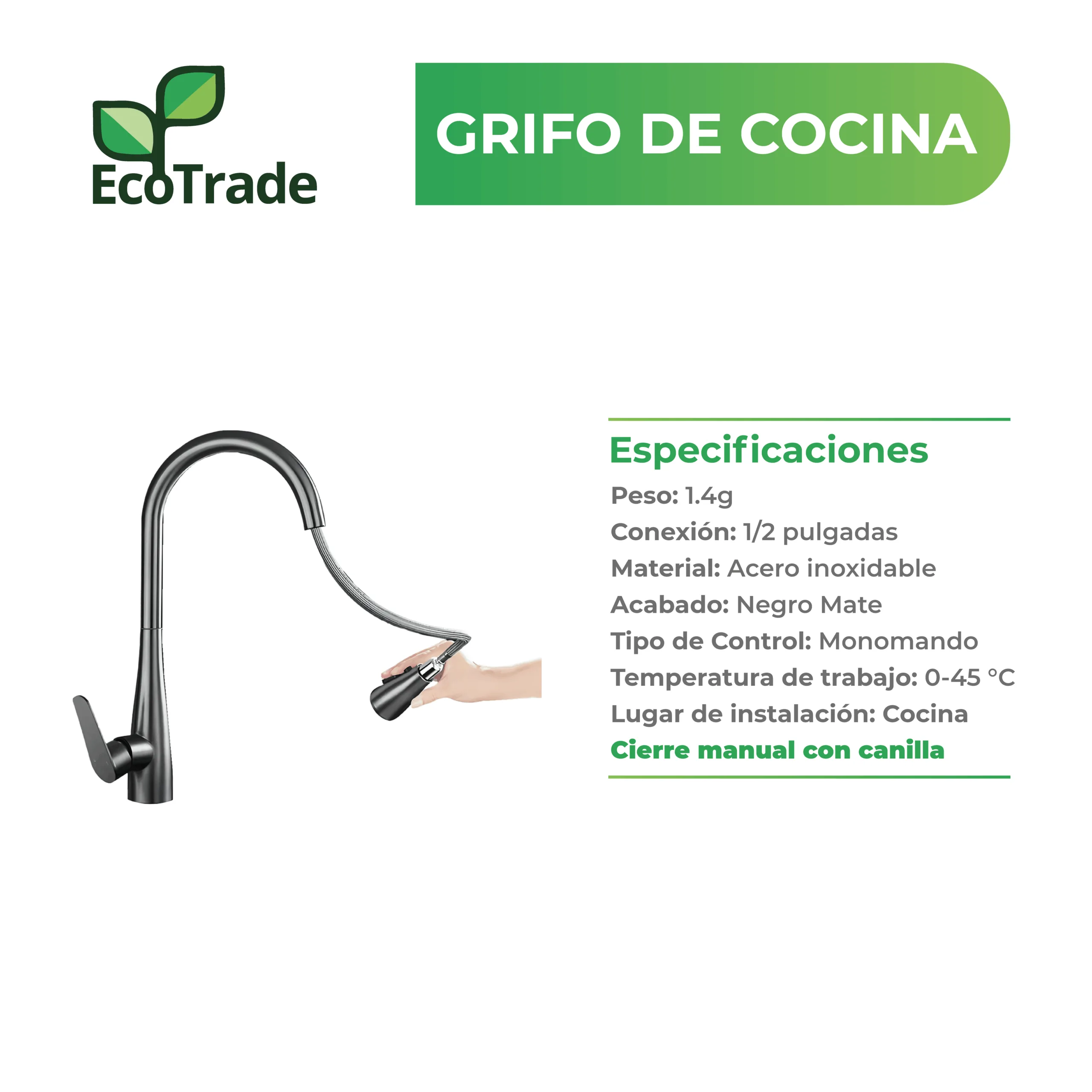 Grifo Cocina Acero Inoxidable Mate Rociador Extensible 360 Grados - Imagen 2