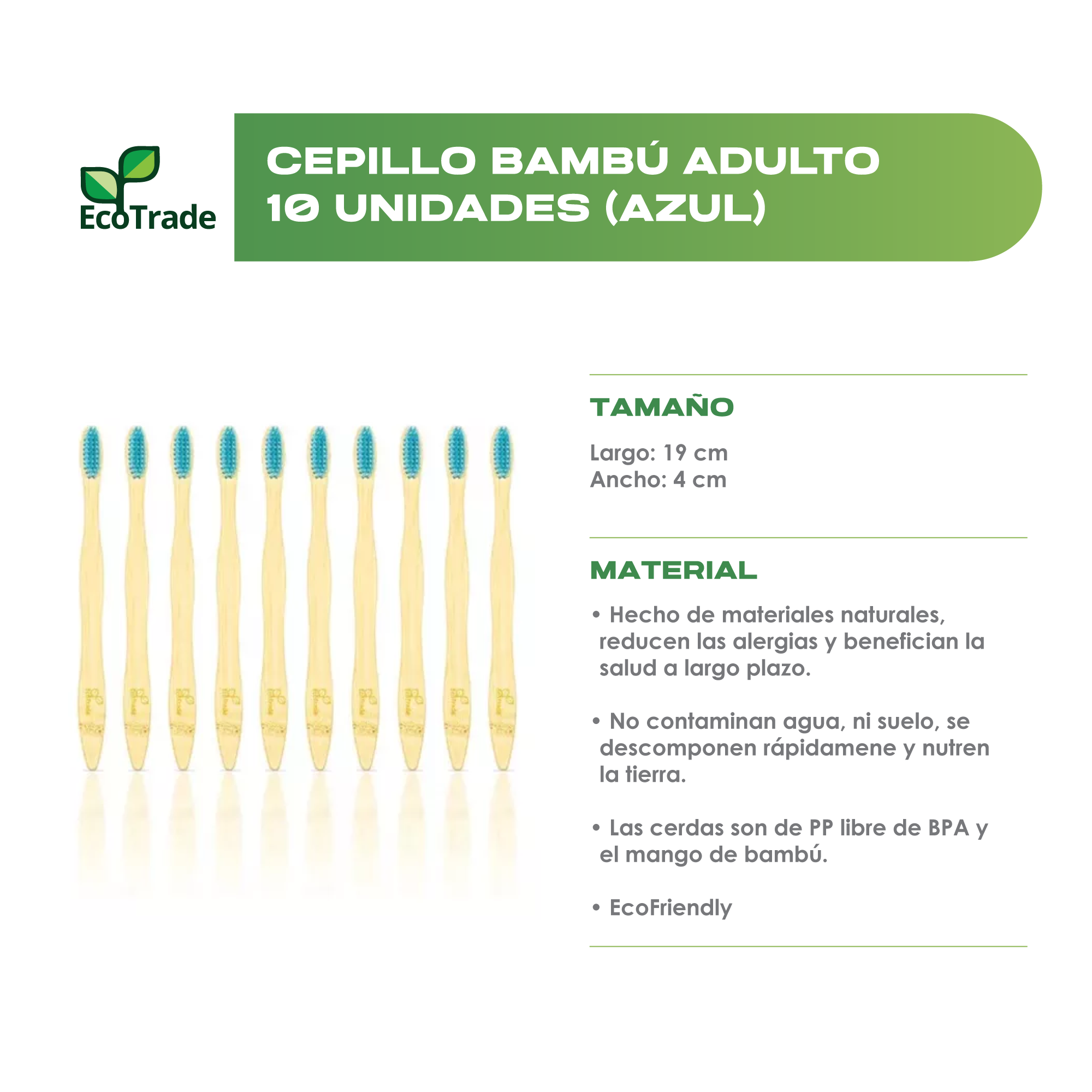 Cepillo de Dientes en Bambu Adulto Azul 10 Unidades Ecotrade - Imagen 2