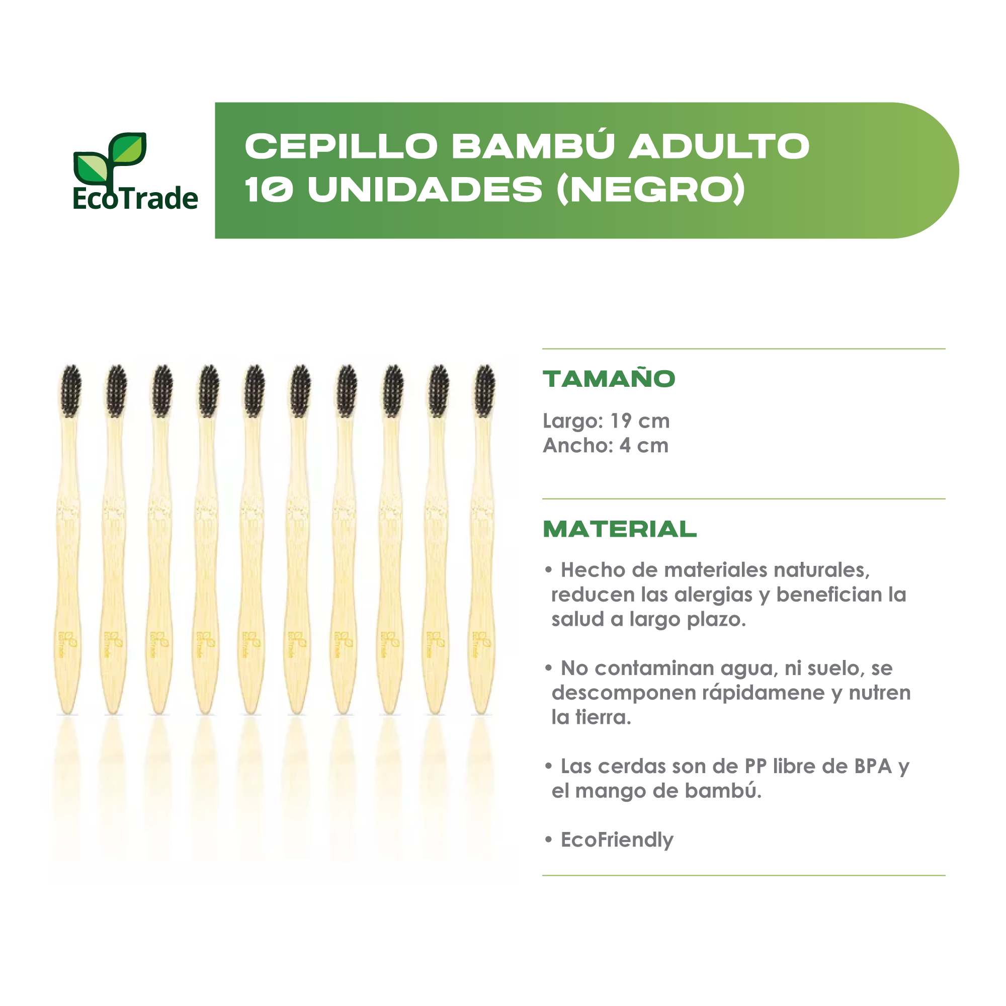 Cepillo de Dientes en Bambu Adulto Negro 10 Unidades Ecotrade - Imagen 2
