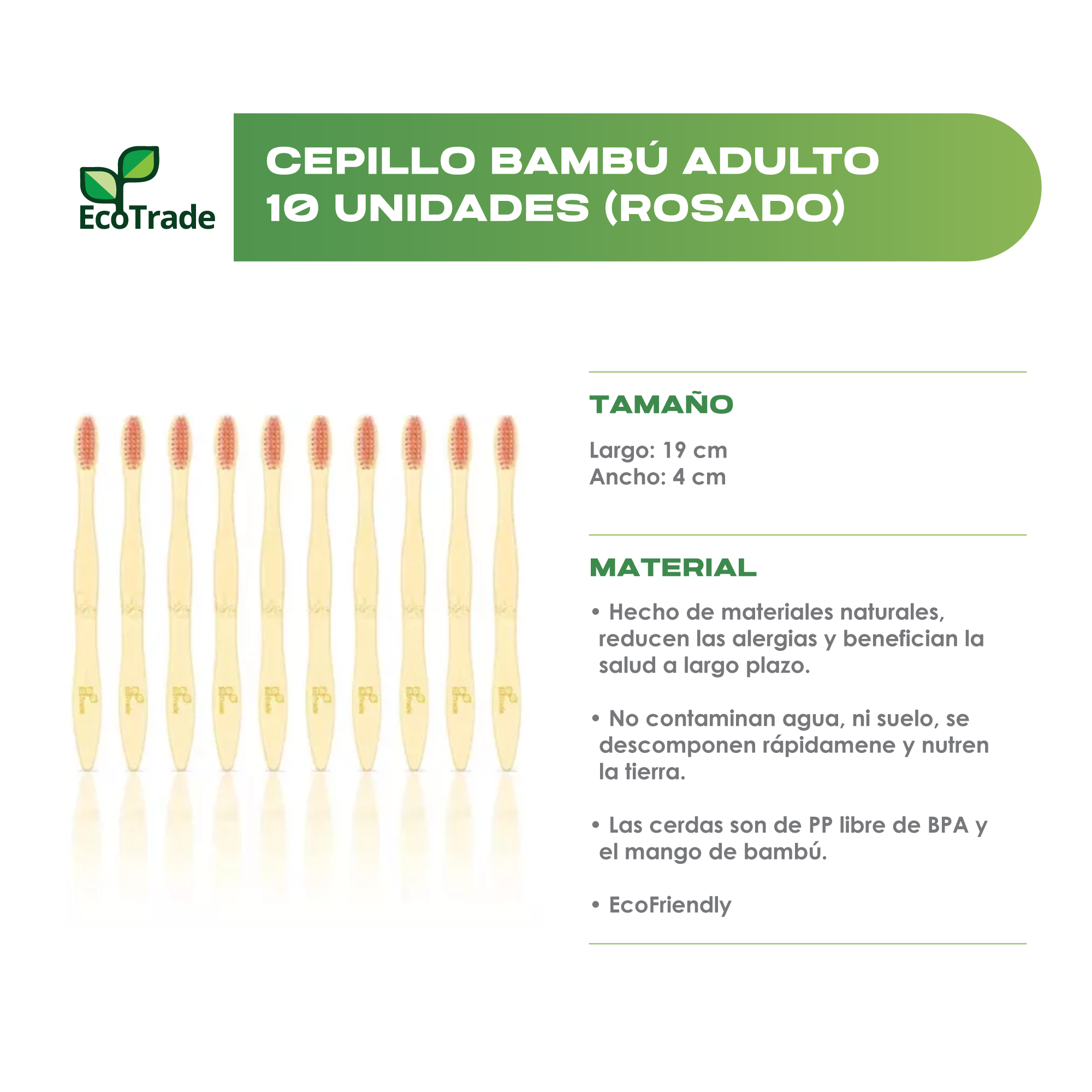 Cepillo de Dientes en Bambu Adulto Rosado 10 Unidades Ecotrade - Imagen 2