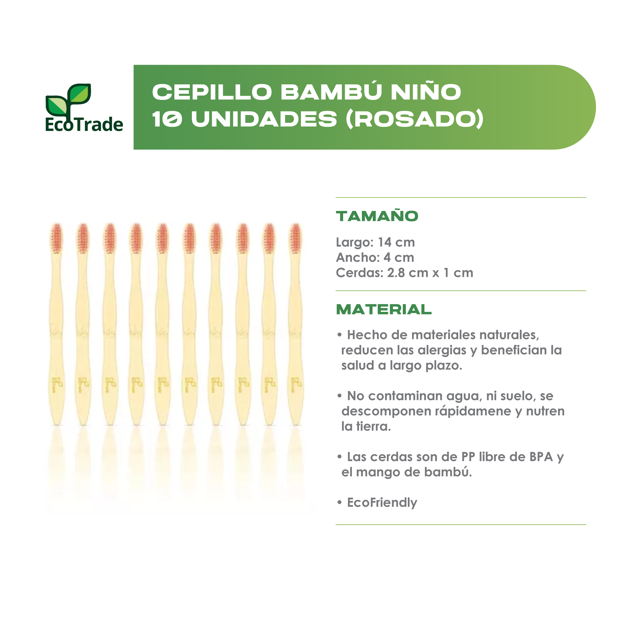Cepillo de Dientes en Bambu Niño Rosado 10 Unidades Ecotrade - Imagen 2