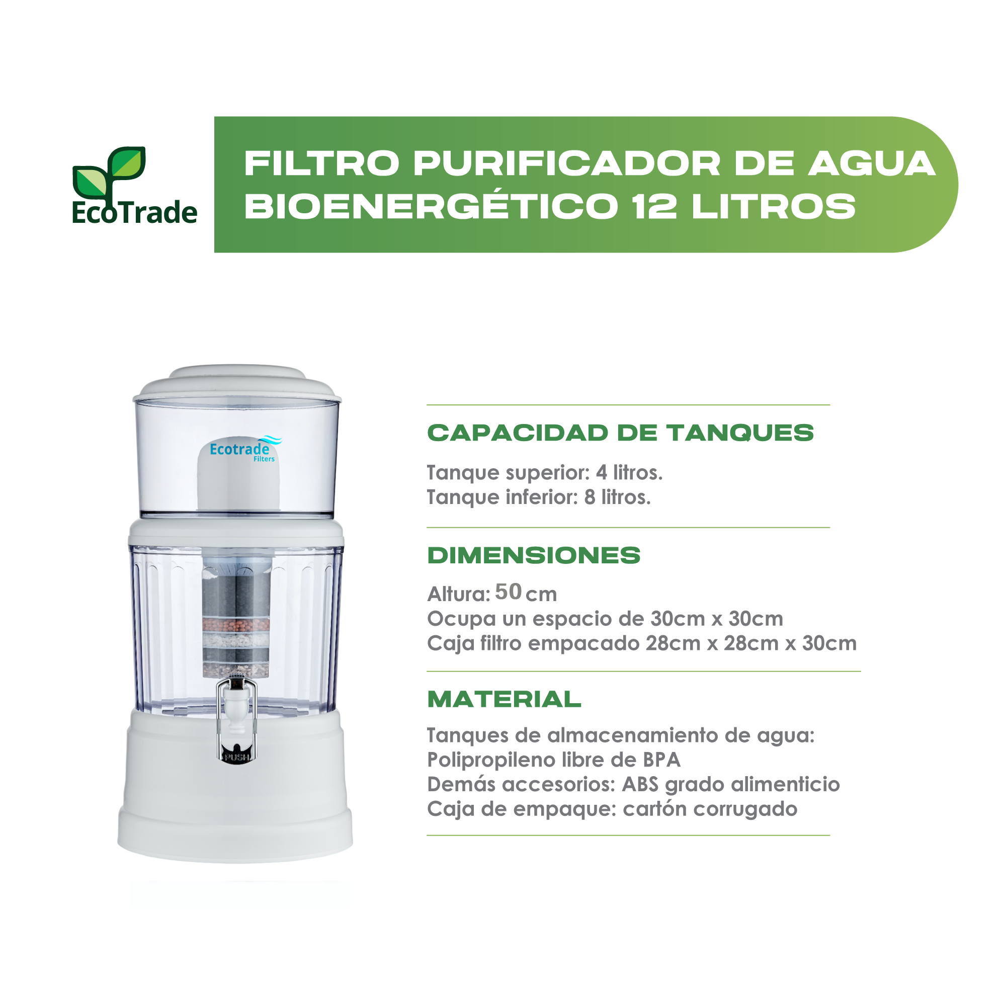 Filtro Purificador Agua 12 Litros Tapa Plana Ecotrade - Imagen 2