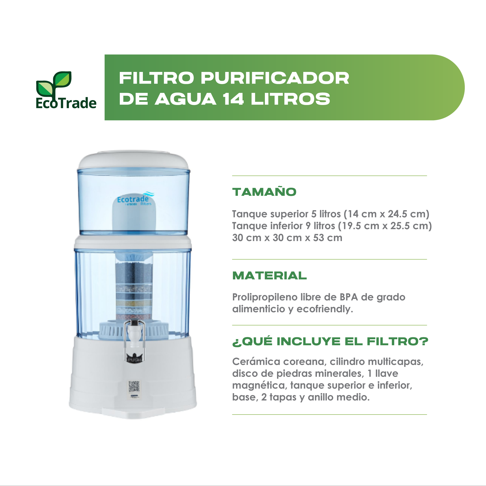 Filtro Agua 14 Litros mas Filtro doble Filtracion Ecotrade - Imagen 2