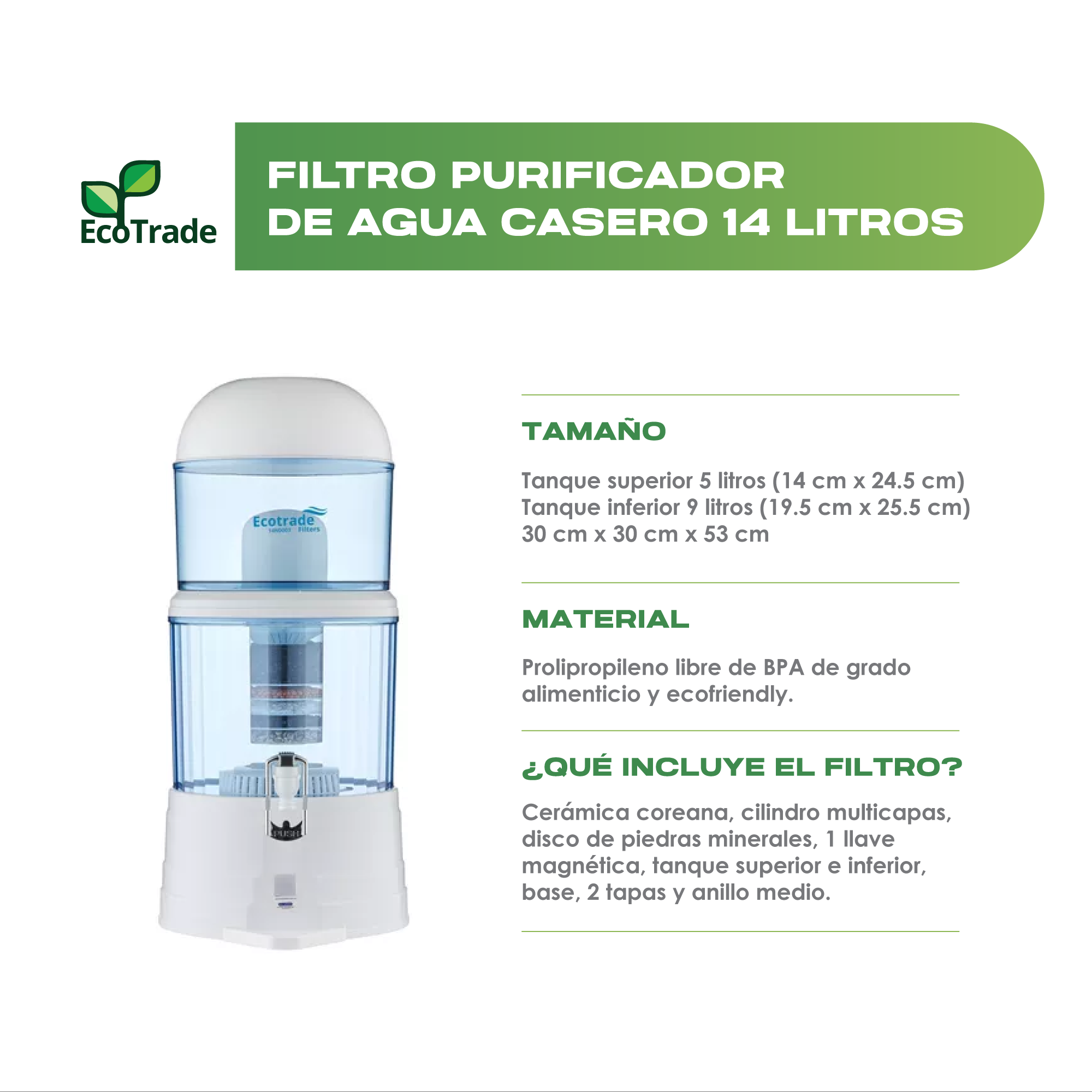 Filtro Purificador De Agua Casero 14 Litros Ecotrade - Imagen 2
