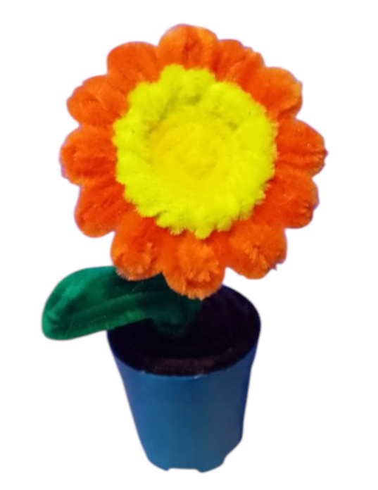 Flor Gerbera decorativa pequeña con hoja en maceta sencilla