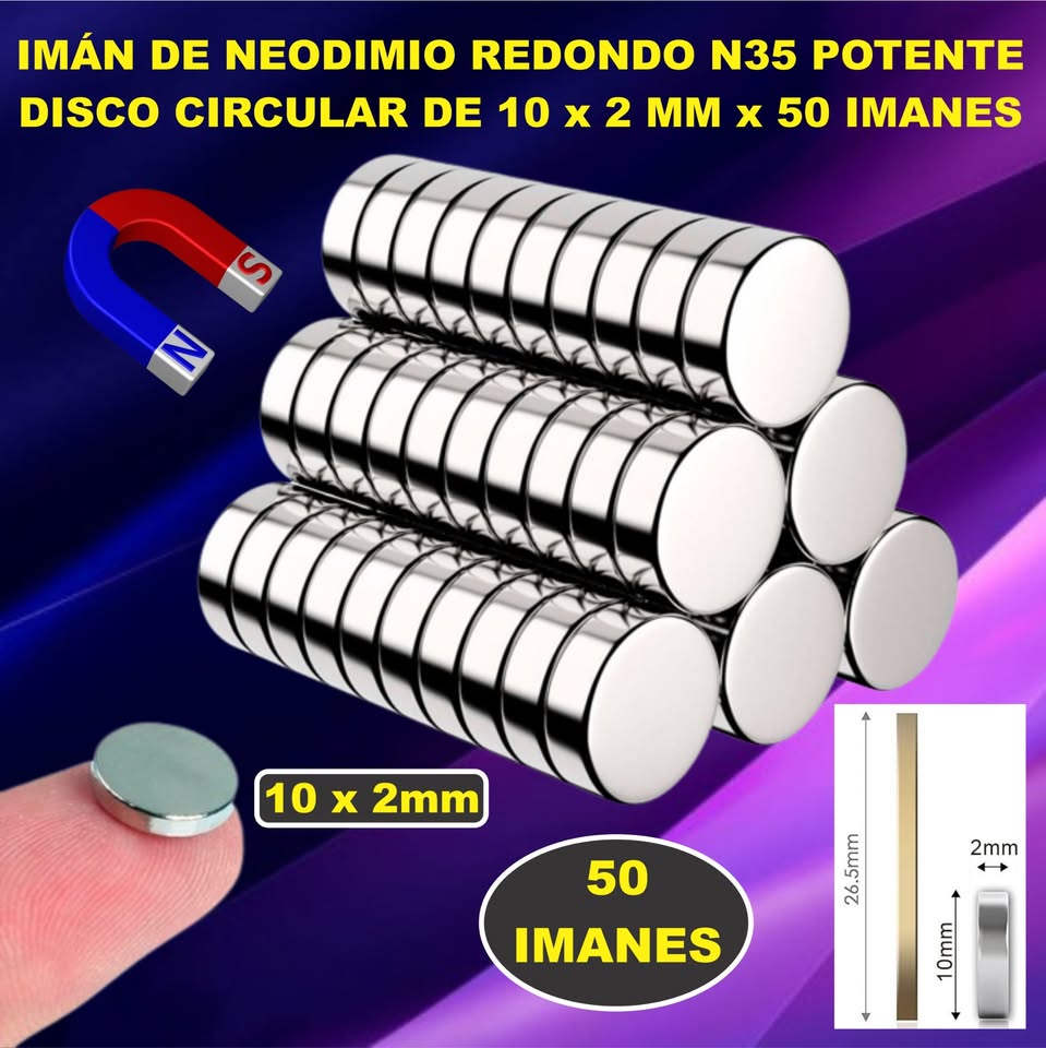 IMAN DE NEODIMIO REDONDO N35 POTENTE DISCO CIRCULAR 10X2mm X 50 PCs