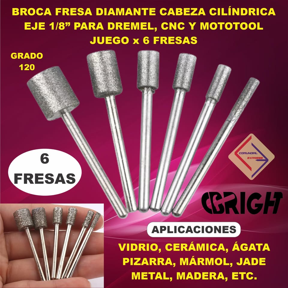 BROCA FRESA DIAMANTE CABEZA CILINDRO DREMEL CNC MOTOTOOL X 6PC
