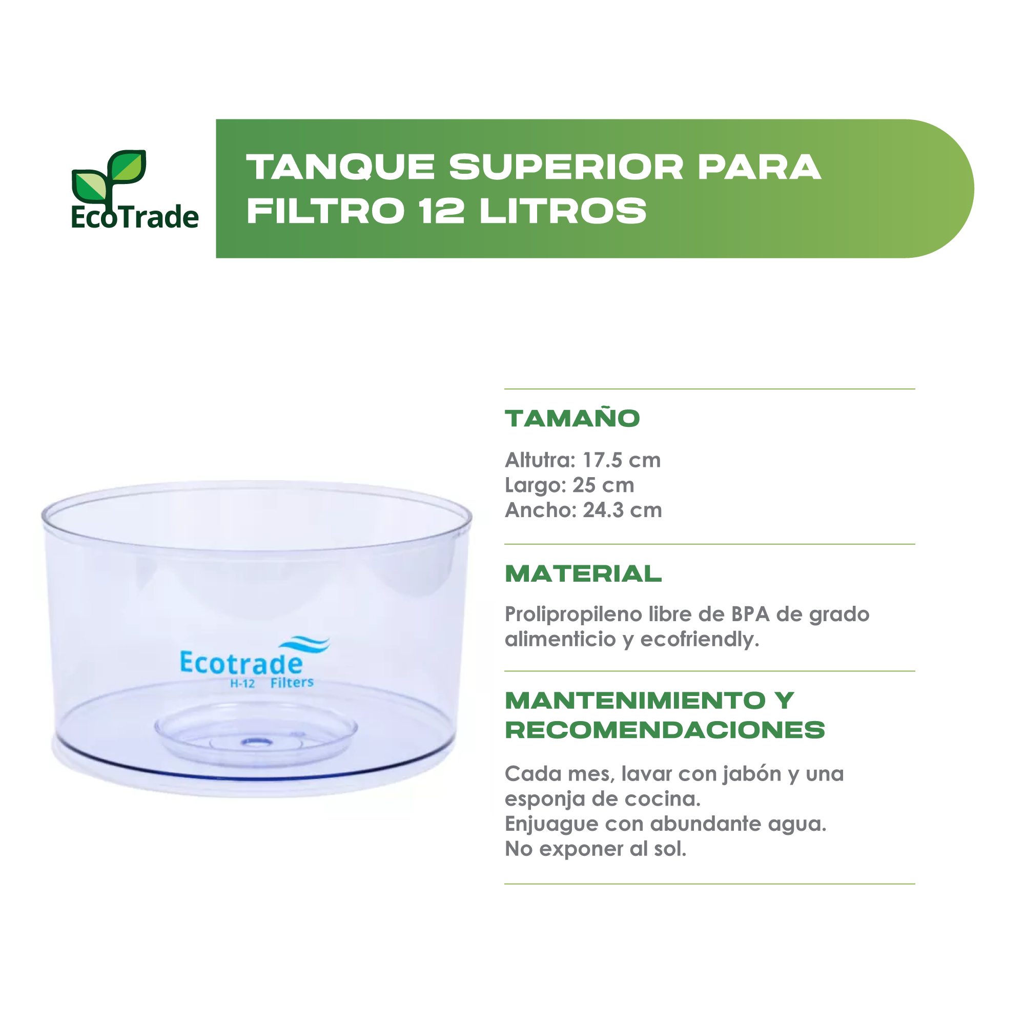 Tanque Superior Filtro Purificador Agua 12 Litros Ecotrade - Imagen 2