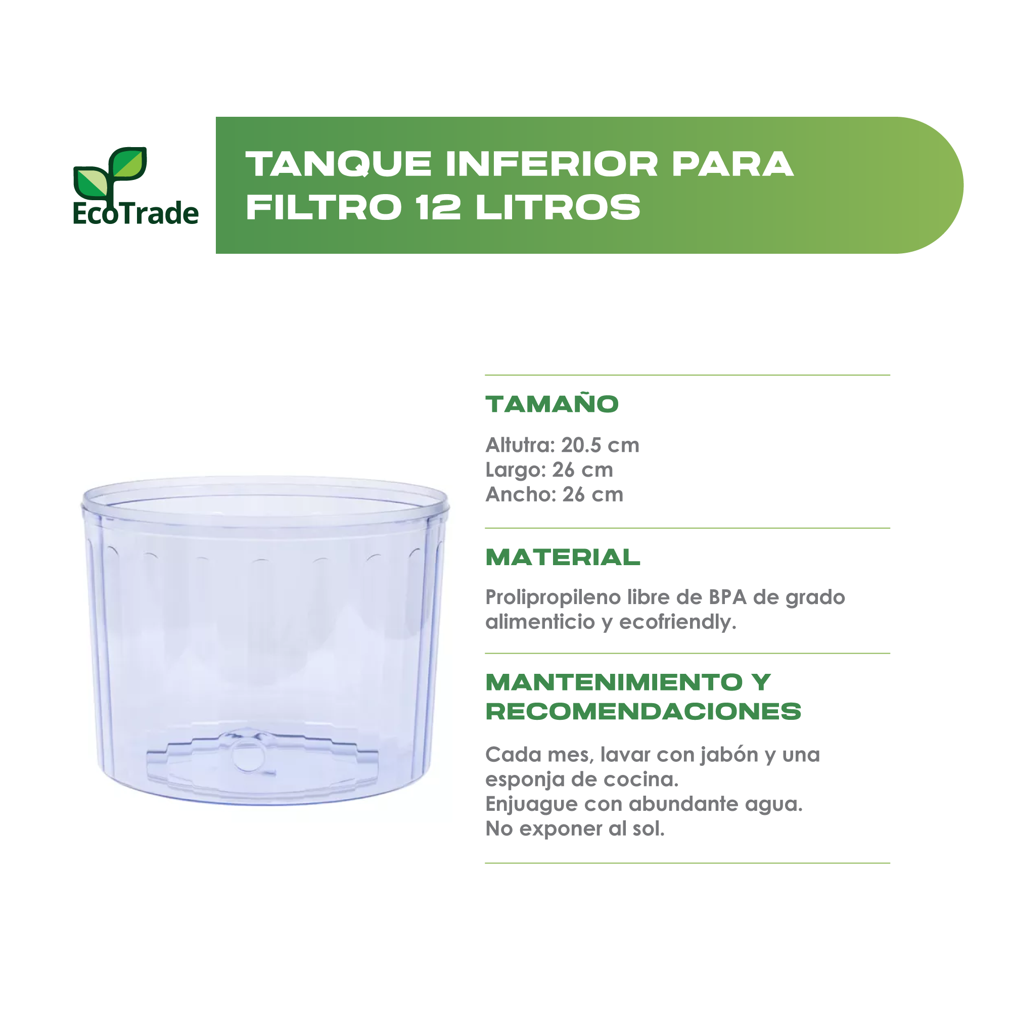 Tanque Inferior Filtro Purificador Agua 12 Litros Ecotrade - Imagen 2