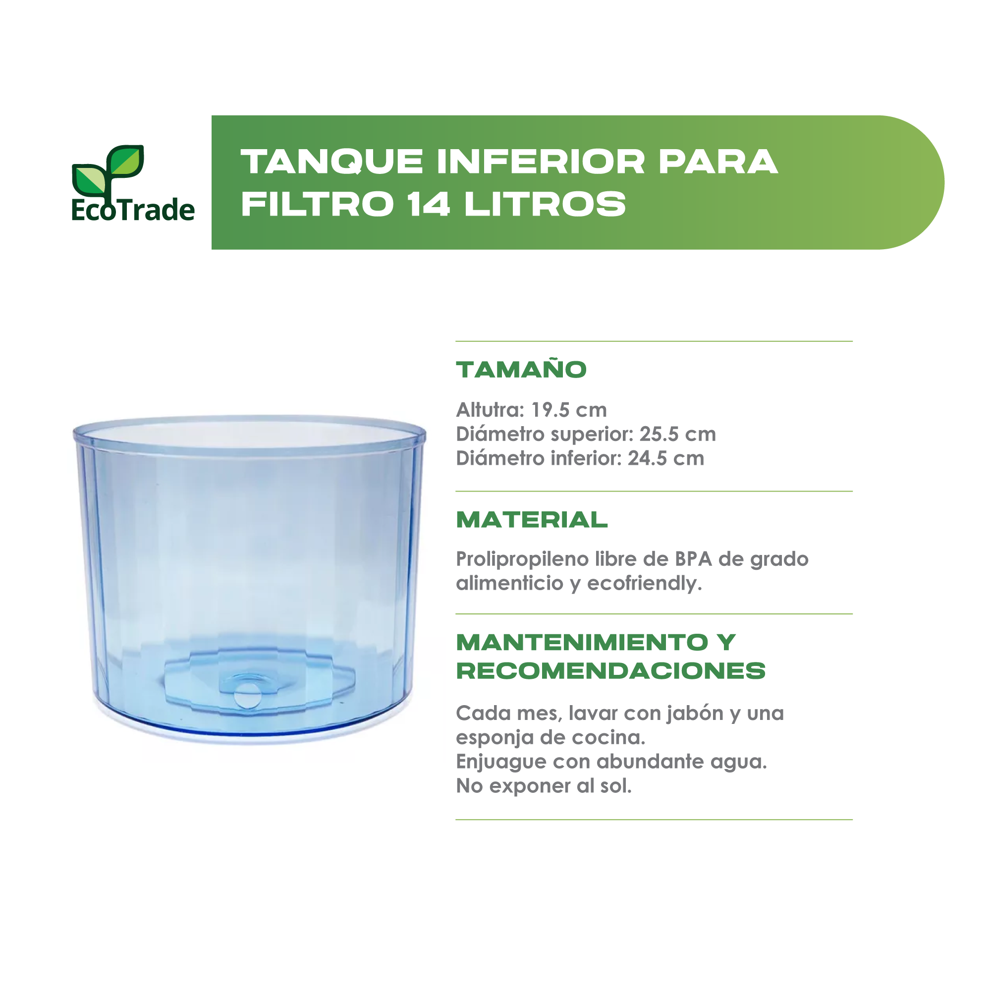 Tanque Inferior Filtro Purificador Agua 14 Litros Ecotrade - Imagen 2