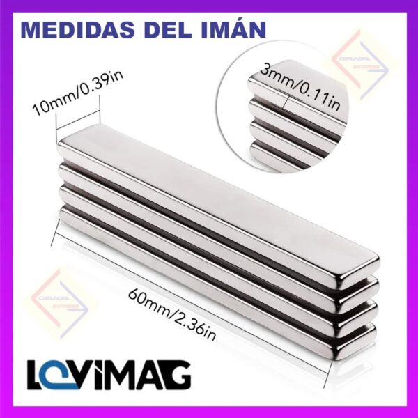 IMAN DE NEODIMIO CON ADHESIVO EN BARRA DE 60X10X3 MM JUEGO DE 4 IMANES - Imagen 2