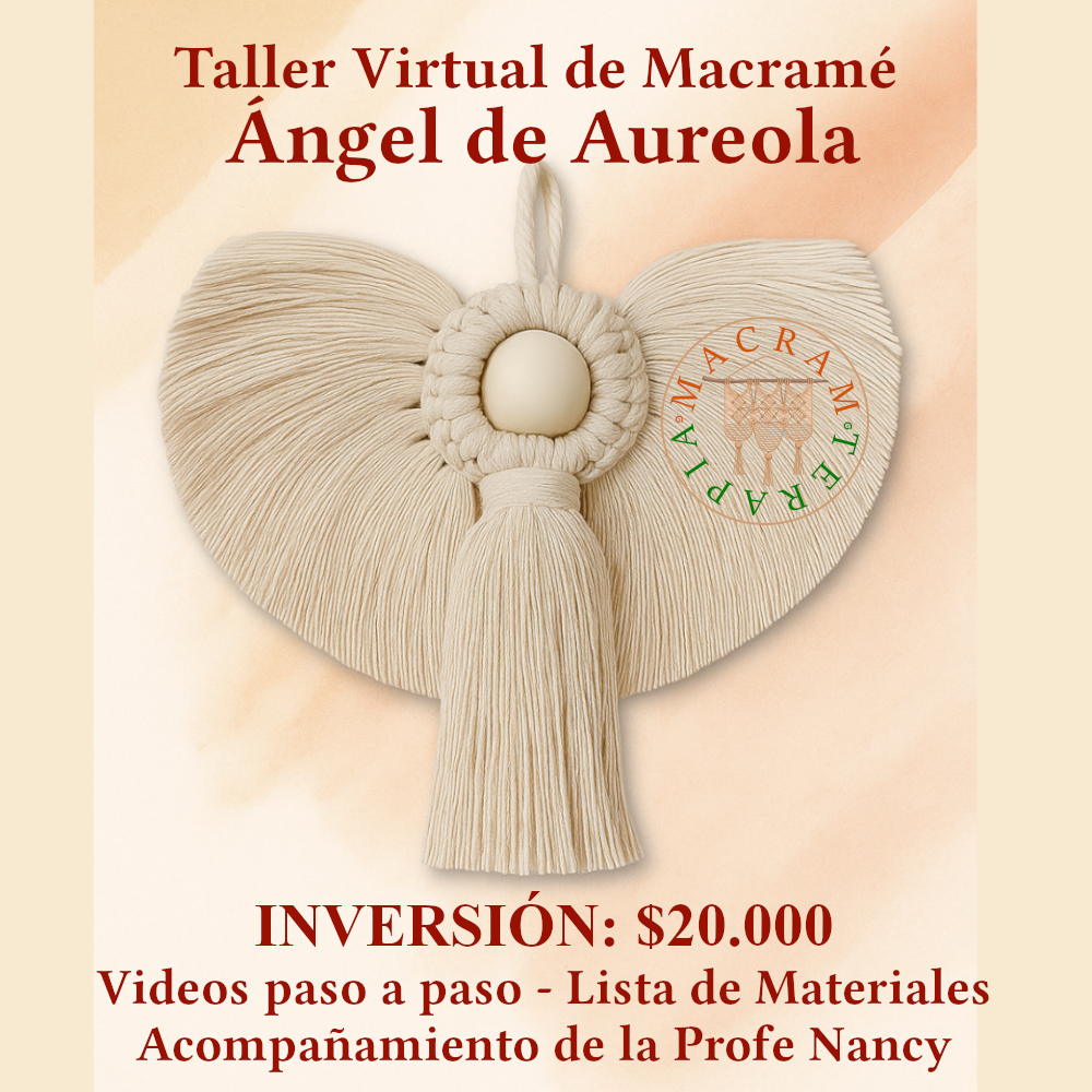 Taller Curso Virtual Angelito Con Aureola: Delicado y sereno, hecho en material crudo y una aureola que realza su belleza. Con sus alas abiertas, es símbolo de amor y fe, un recordatorio de que la luz siempre está contigo.